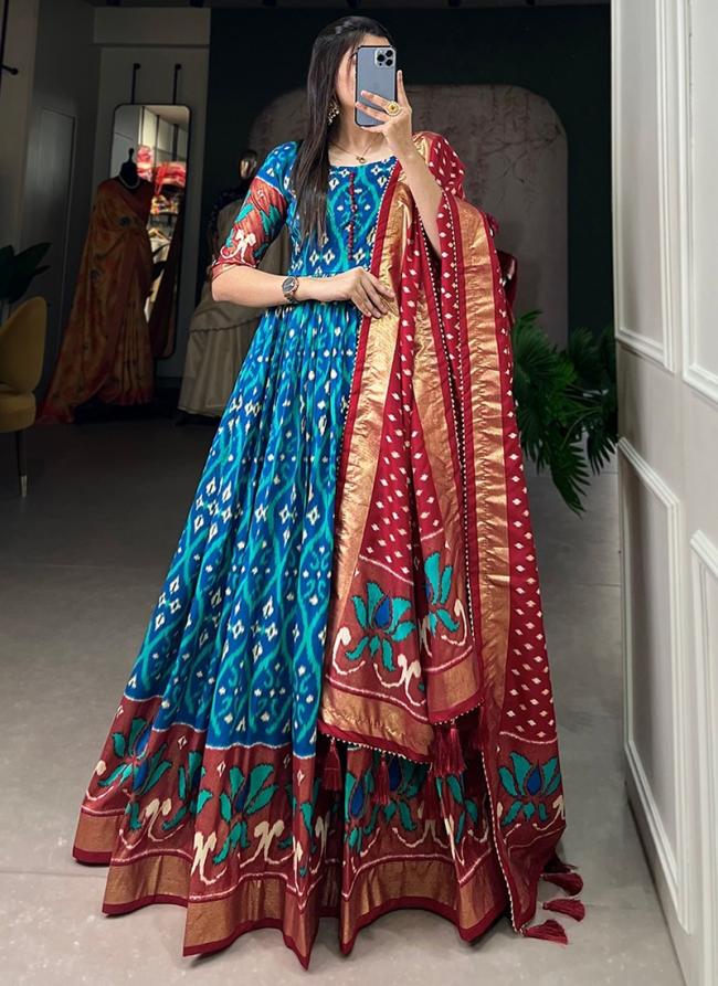 Tussar Silk Blue Festival Wear Printed Readymade Gown With Dupatta